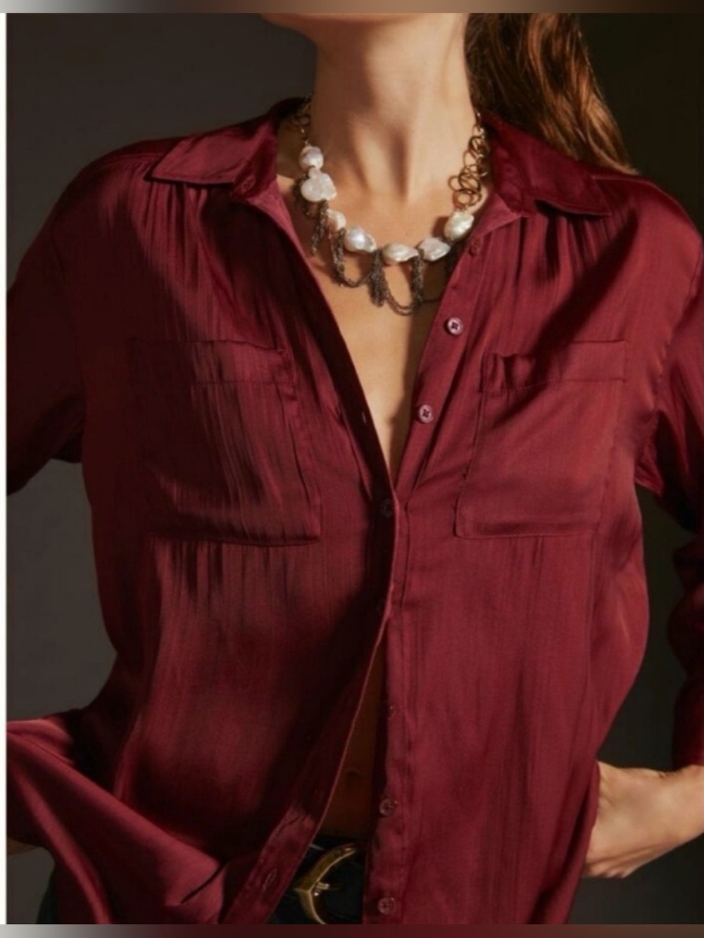 Anthropologie Red Button-Down Collar Shirt with Chest Pockets